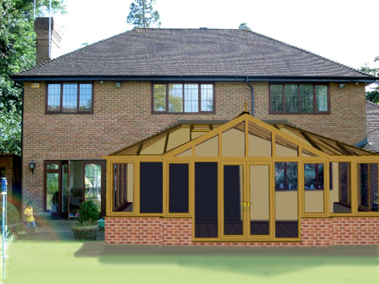 Superimposing the oak gable conservatory design model on the House